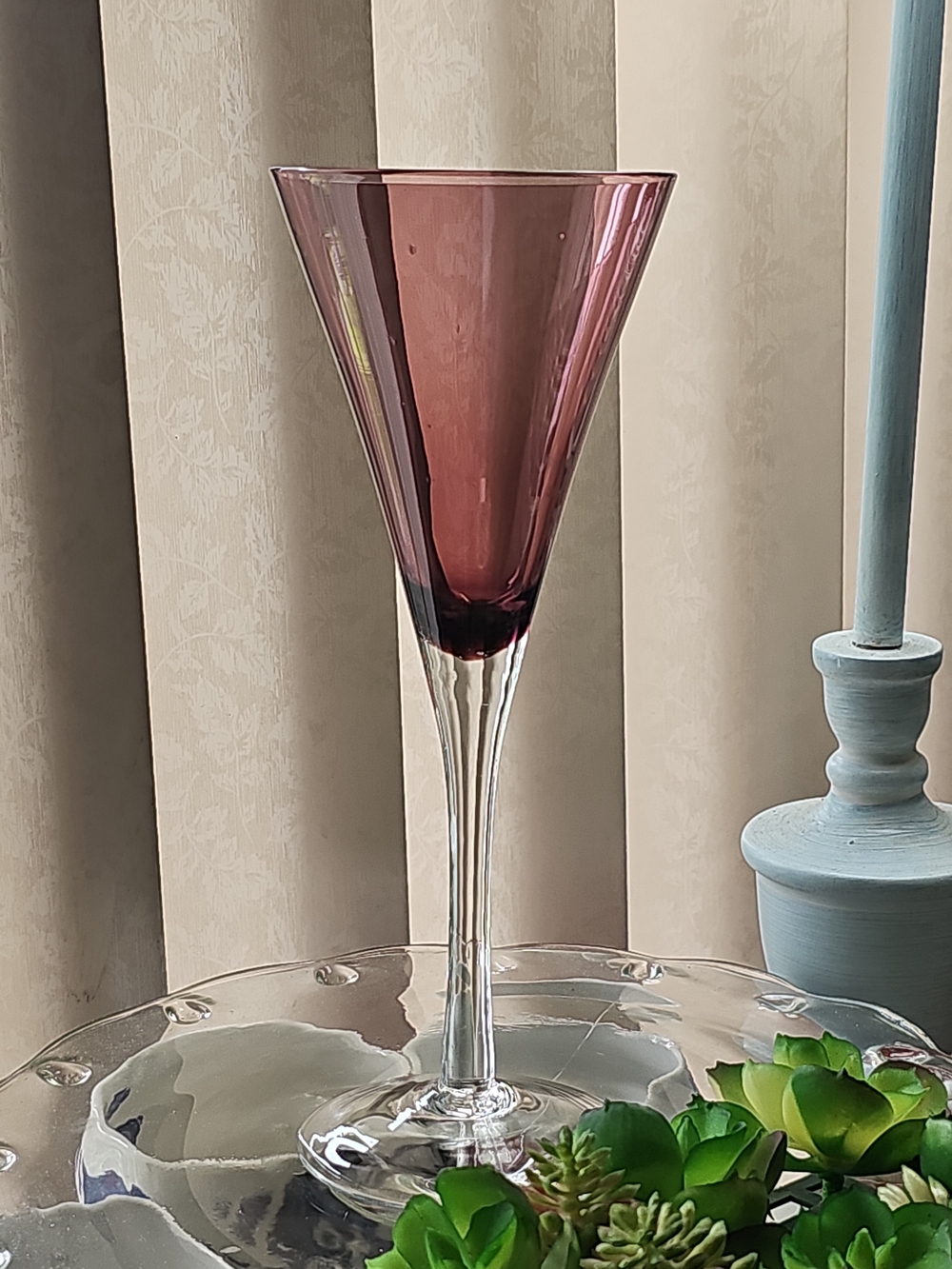 Pottery Barn Cranberry/ Amethyst Hand Blown Krosno Wine Glasses Footed V-Shape